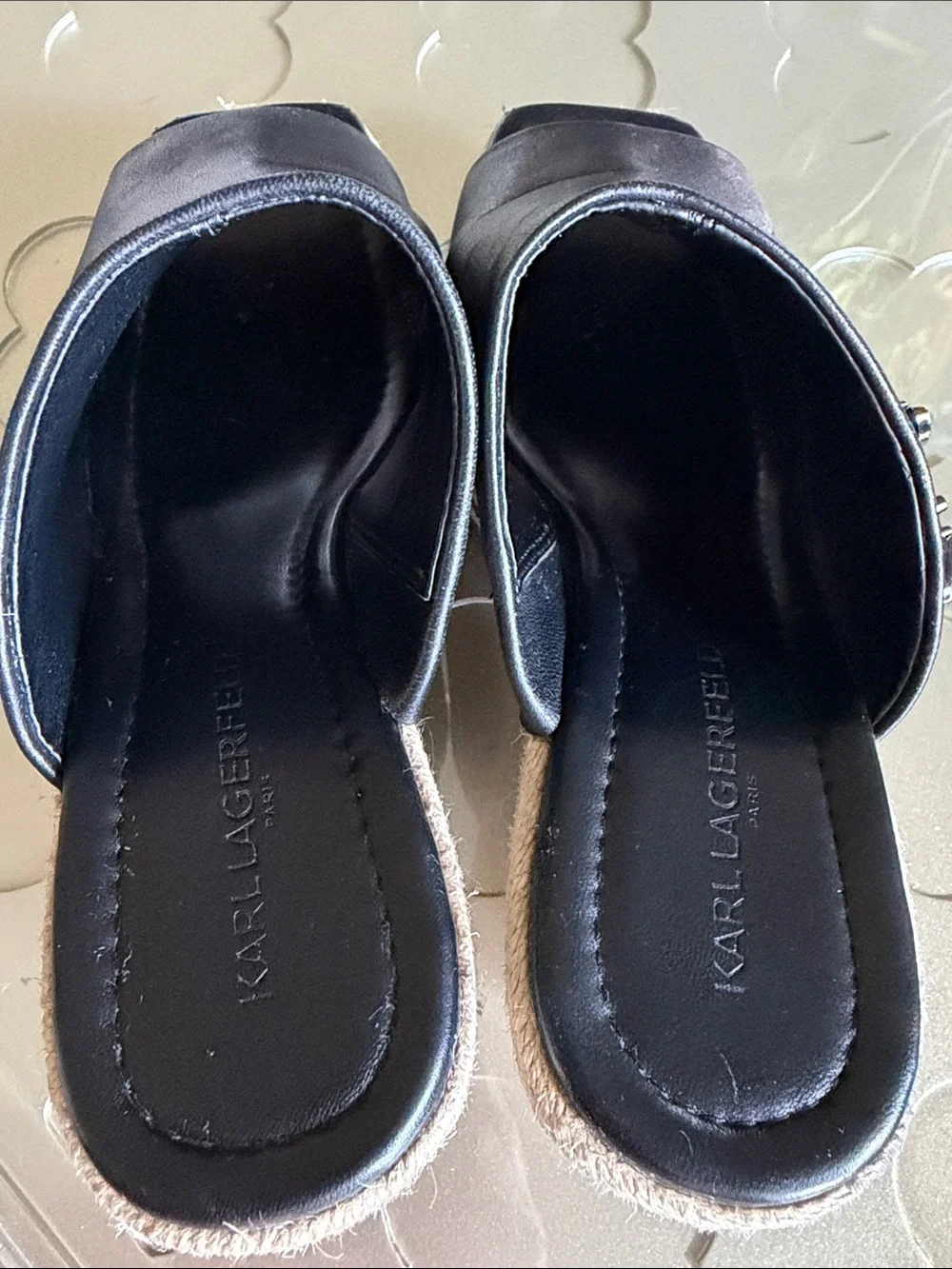 KARL LAGERFELD Corissa Black Leather Espadrille Platform Wedge Sandals 8.5 Women